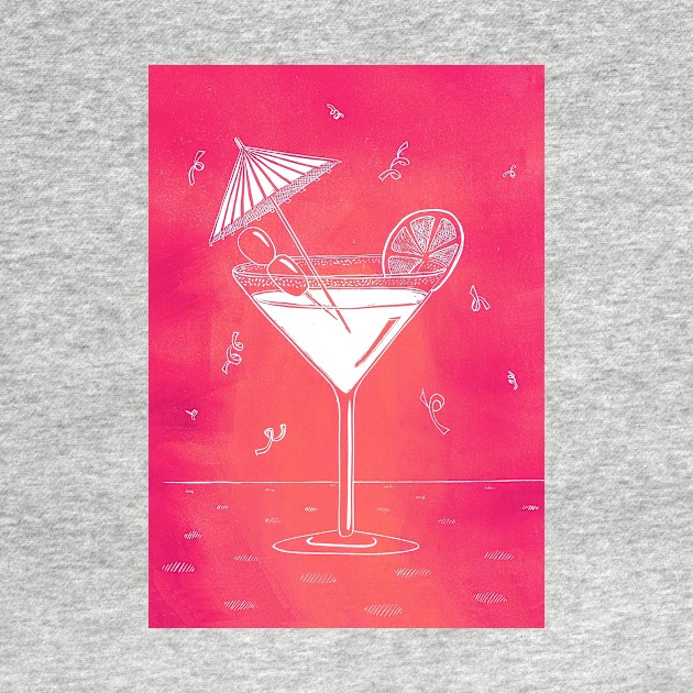 Pink Fizz Cocktail with Umbrella Linocut by Maddybennettart